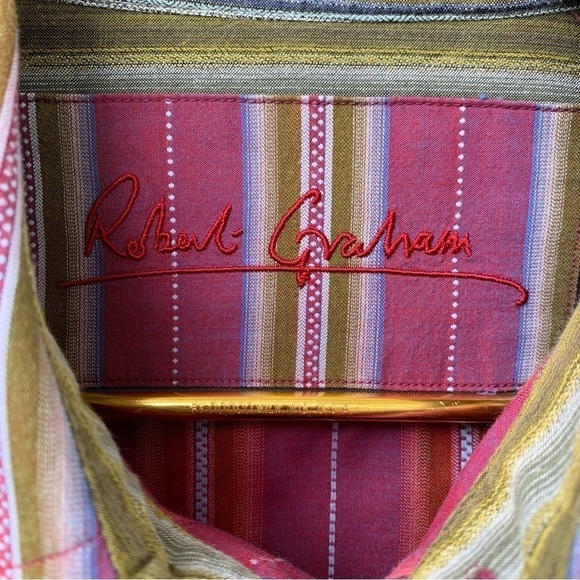 Robert Graham Striped Button Down Shirt L Burgundy Olive Blue Cotton Retro - Picture 3 of 12